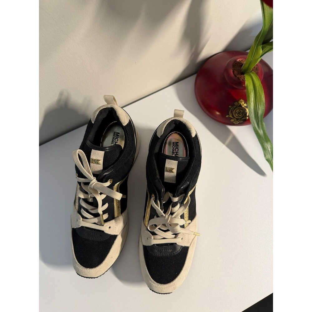 Michael Kors Womens Sneakers Size 7 Black Beige Gold Trainer Fashion Shoes - Picture 9 of 11